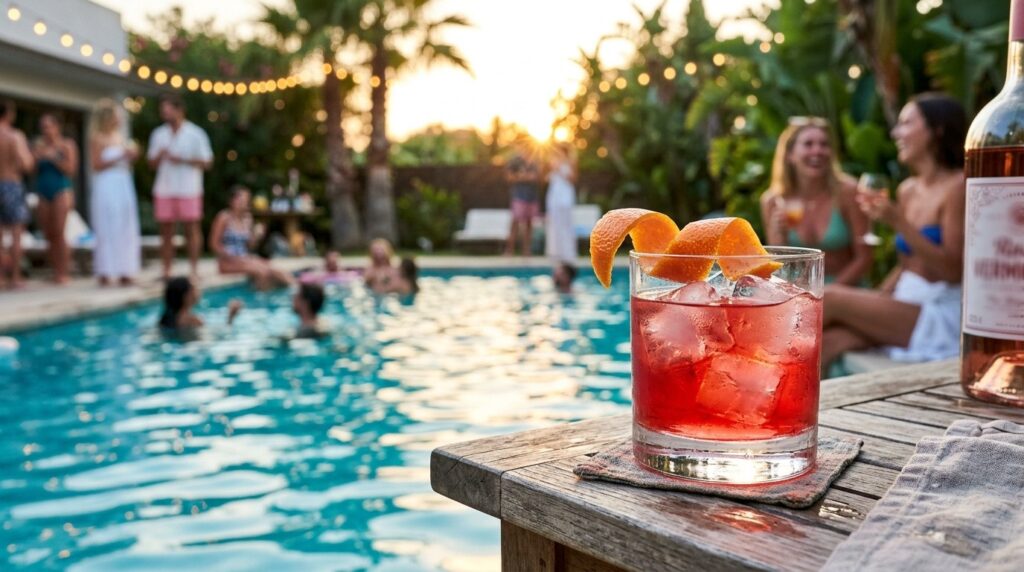 Ein Glas des Pink Negroni mit Rosé Wermut am Pool.