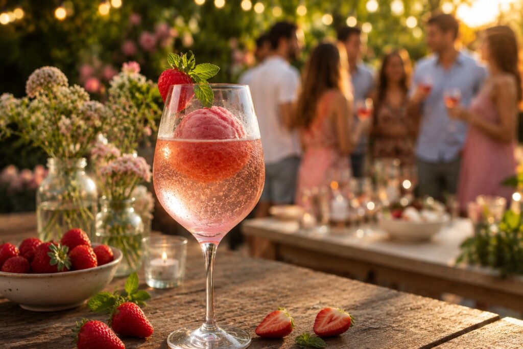 Ein Glas des Rose-Erdbeersorbet Cocktail.