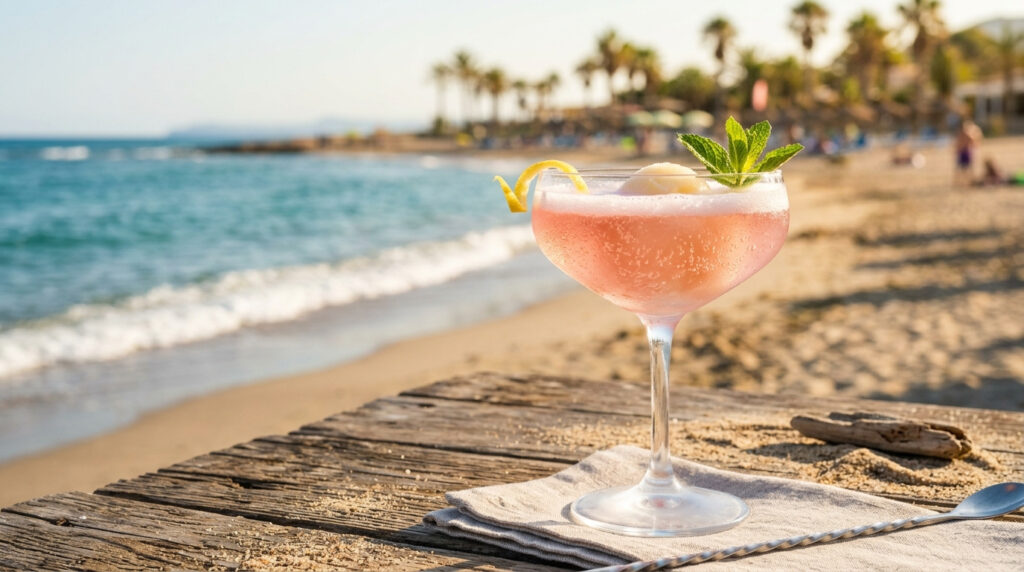 Ein Glas des Rosé-Sgroppinos am Strand.