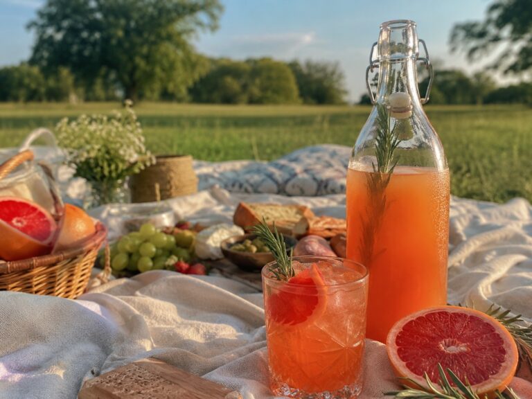 Eine Flasche des Rosmarin-Grapefruit Spritz Batch-Cocktails beim Picknick.