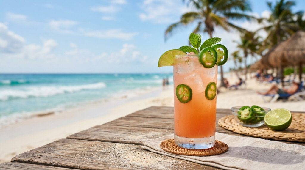 Ein Glas der Spicy Italian Paloma steht an einem mexikanischen Strand.