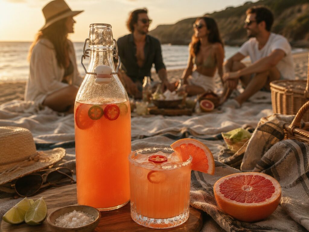 Eine Flasche des Spicy Paloma Batch Cocktail steht auf einer Picknickdecke am Strand.