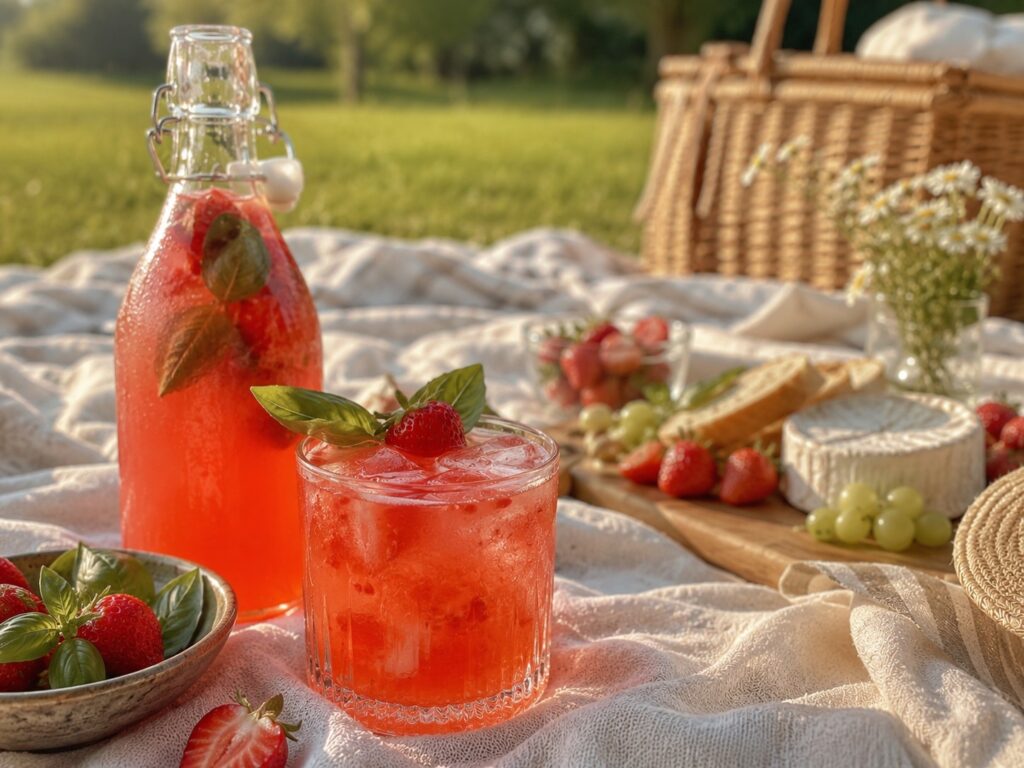 Eine Flasche und ein Glas des Strawberry Basil Smash Batch Cocktails stehen auf einer Picknickdecke.