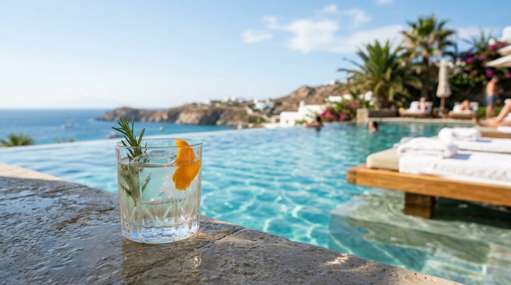 Ein Glas White Negroni am Pool.