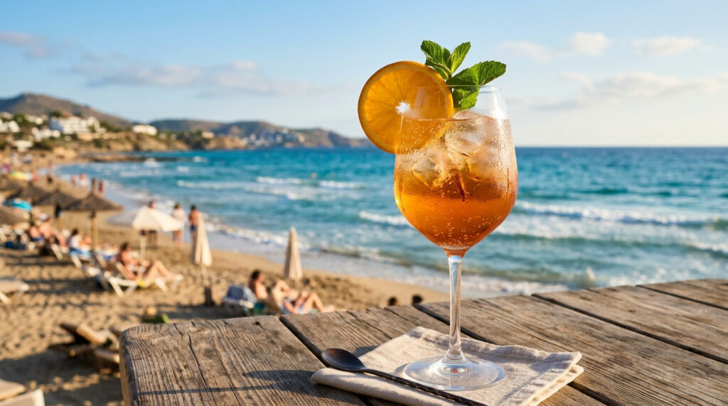Ein Glas des Spritz Light Cocktail am Strand.