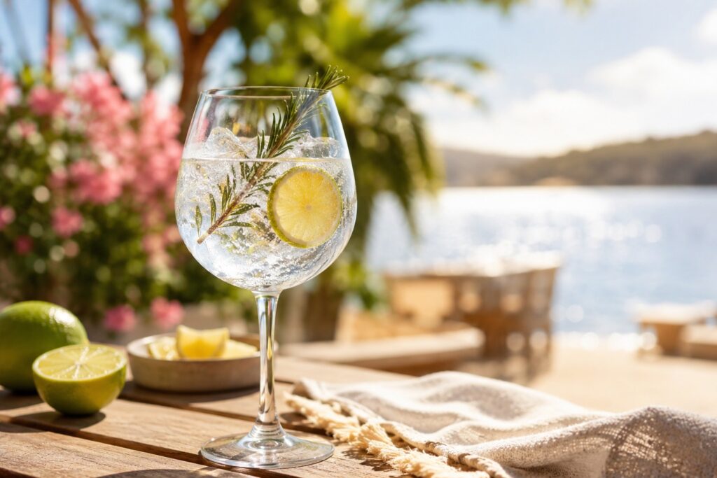 Ein Glas des alkoholfreien Gin Tonic.