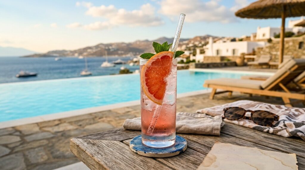 Ein Glas des Americano Rosato Cocktails am Pool.