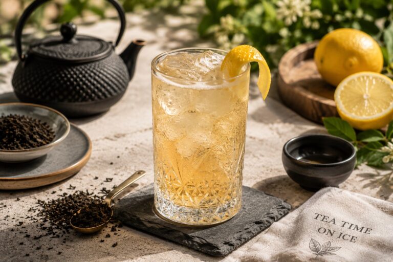 Ein Glas des Earl Grey Gin Fizz Tea Cocktail.
