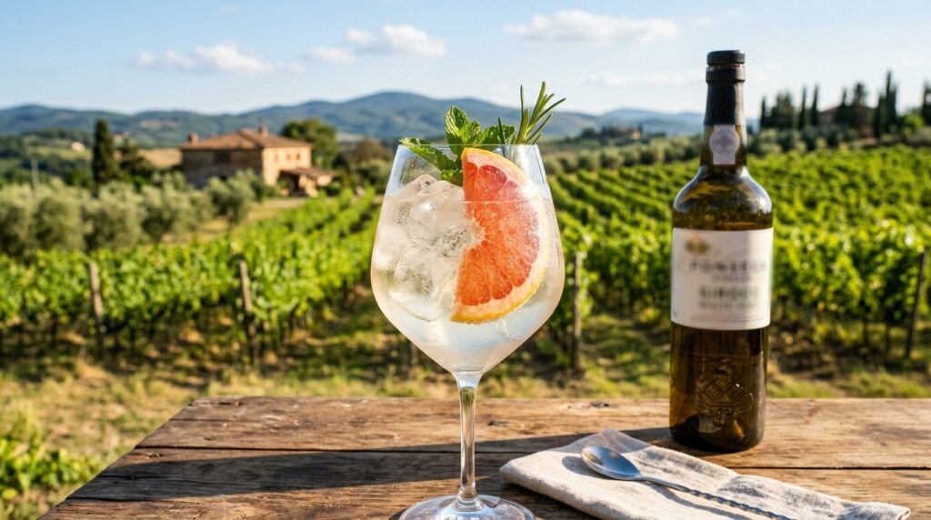 Ein Glas mit der Grapefruit Version des Port Tonic.