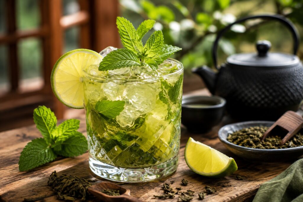 Ein Glas des Green Tea Mojito Tea Cocktails.