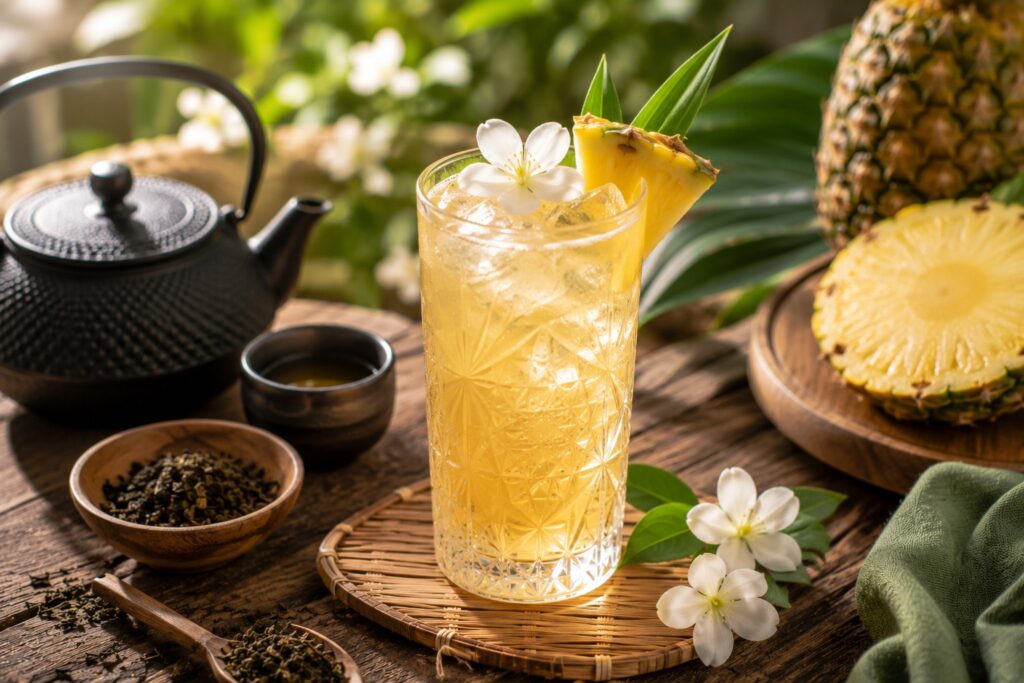 Ein Glas des Jasmin Rum Cooler Tea Cocktail.
