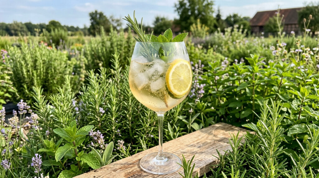 Ein Glas mit der Kräutervariante des Port Tonic im Kräuterfeld.
