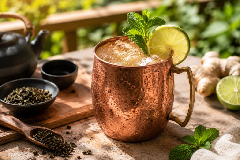 Ein Glas des Oolong Summer Mule Tea Cocktail.