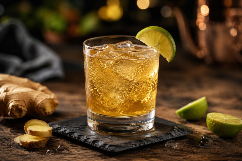 Ein Glas des alkoholfreien Rum & Ginger Beer Cocktails.