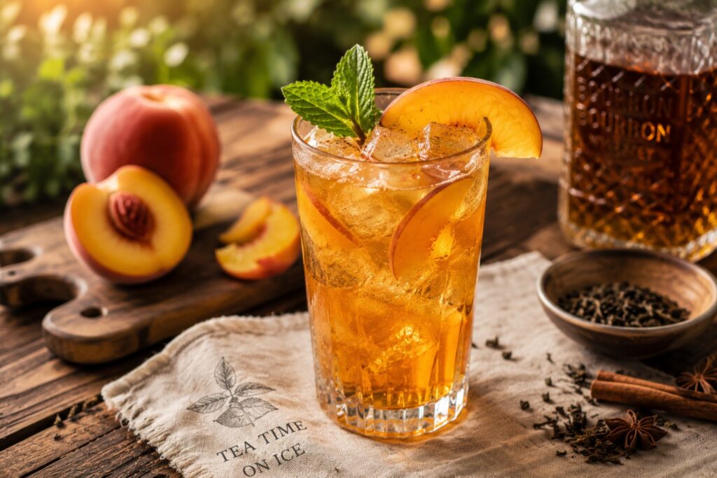 Ein Glas des Spiced Peach Iced Tea mit Bourbon (Tea Cocktail).