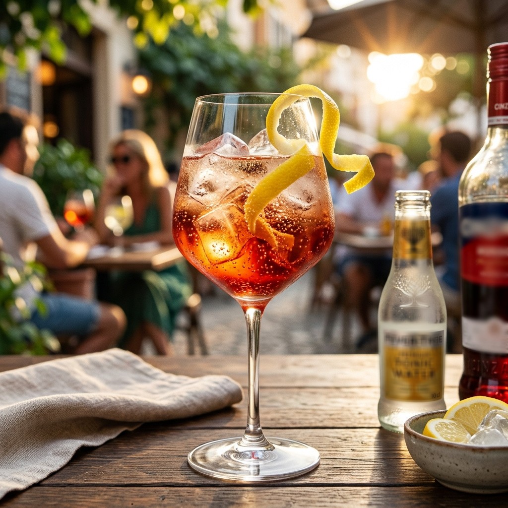 Ein Glas der alkoholarmen Vermouth & Tonic.