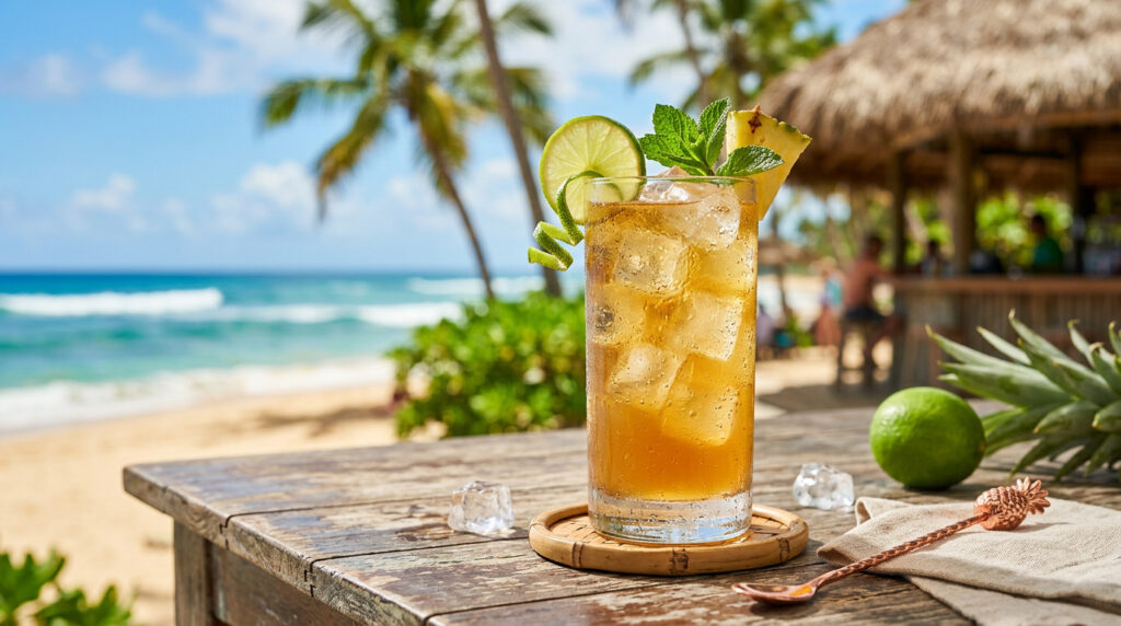 Ein Glas der tropischen Variante des Rum & Ginger Beers.