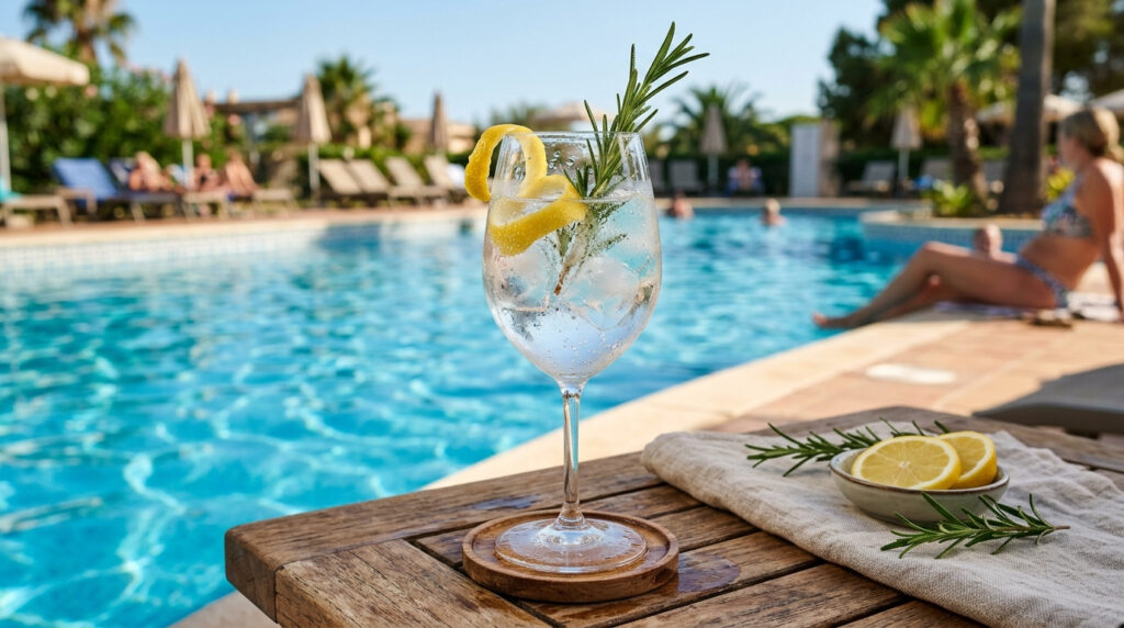 Ein Glas des Weißen Vermouth mit Tonic am Pool.