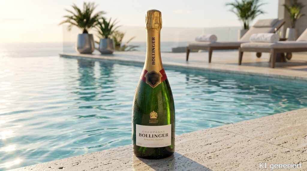 Die 5 besten Champagner unter 50 Euro 3 Eine Flasche Bollinger Champagner am Pool.