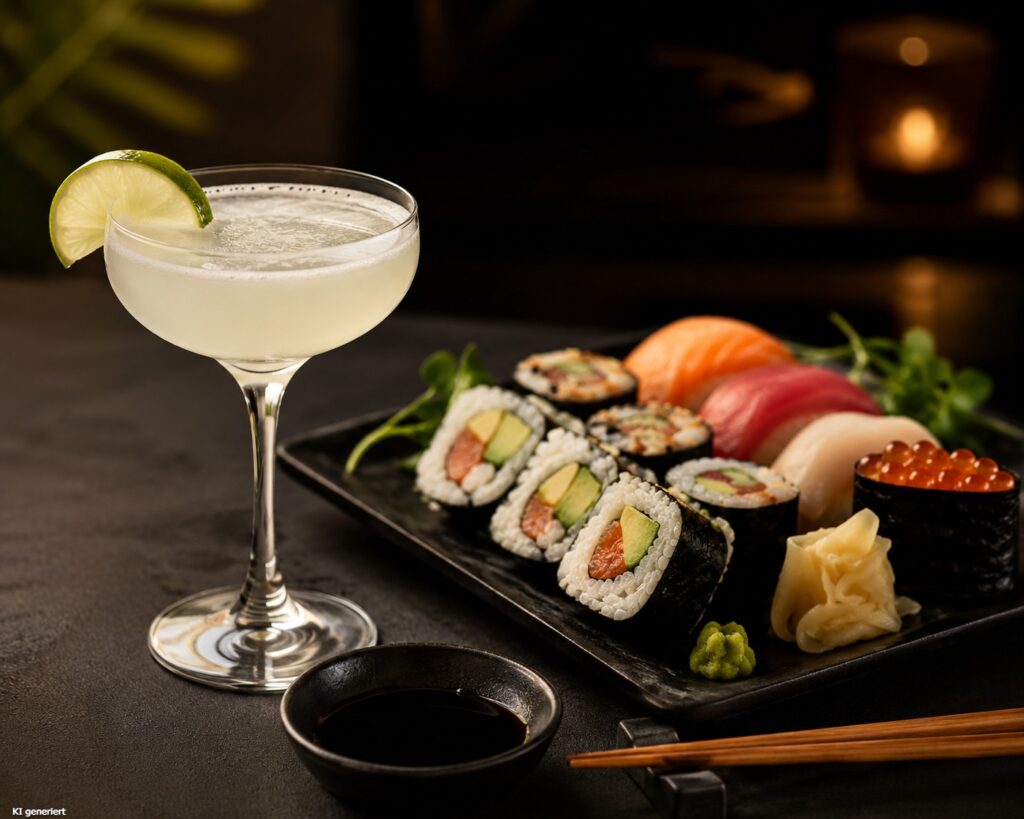 Daiquiri neben einer Sushi Platte.