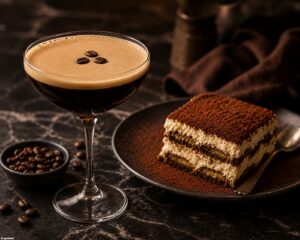 Ein Glas des Espresso Martini mit Tiramisu.