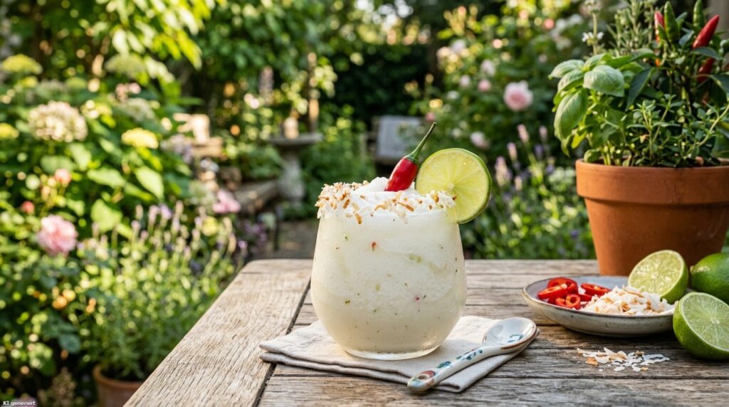 Coconut Chili Margarita - Wenn Kokosnuss auf Chili trifft 3 Ein Glas der Frozen Coconut Chili Margarita.