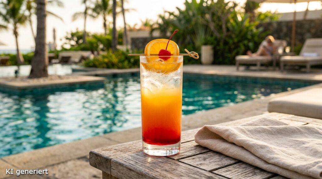 Tequila Sunrise - Wie ein Sonnenaufgang im Glas 1 Ein Glas des klassischen Tequila Sunrise Cocktail am Pool.