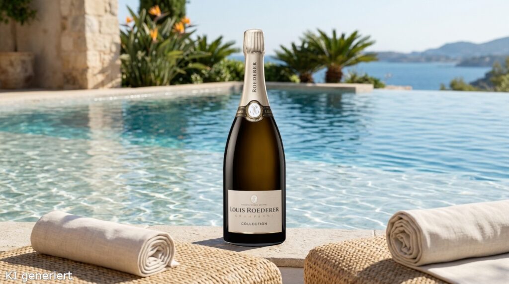 Die 5 besten Champagner unter 50 Euro 4 Eine Flasche Louis Roederer Champagner am Pool.
