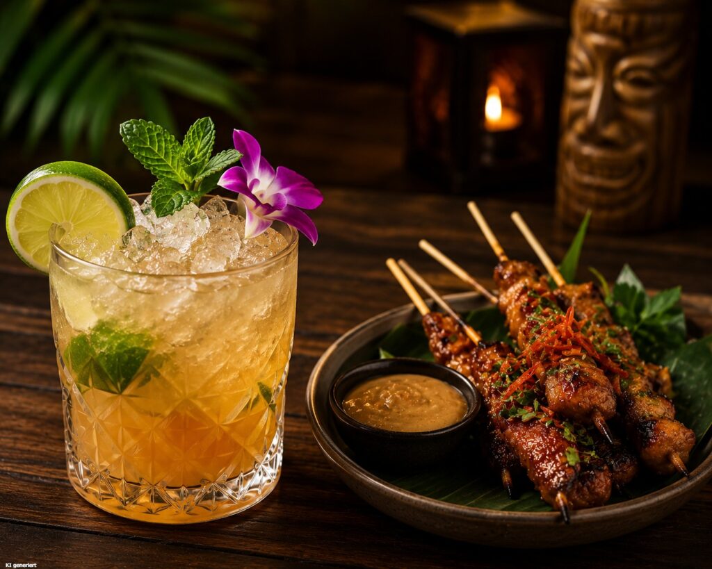 Ein Glas Mai Tai mit Saté Spieße.