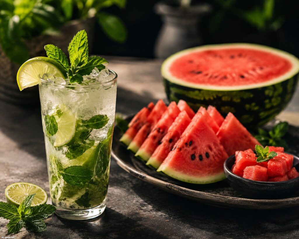 Ein Glas Mojito mit Wassermelone.