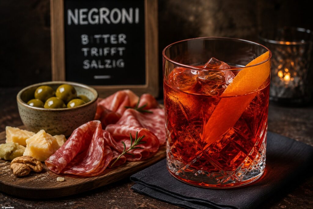 Ein Glas Negroni mit Antipasti.