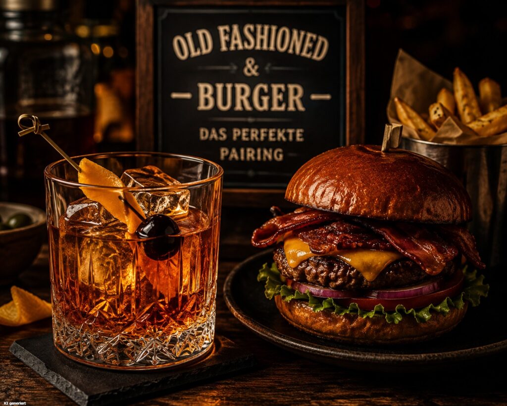 Ein Glas Old Fashioned mit einem Burger.