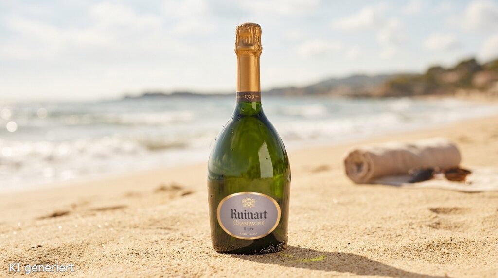 Die 5 besten Champagner unter 50 Euro 5 Eine Flasche R de Ruinart steht am Strand.
