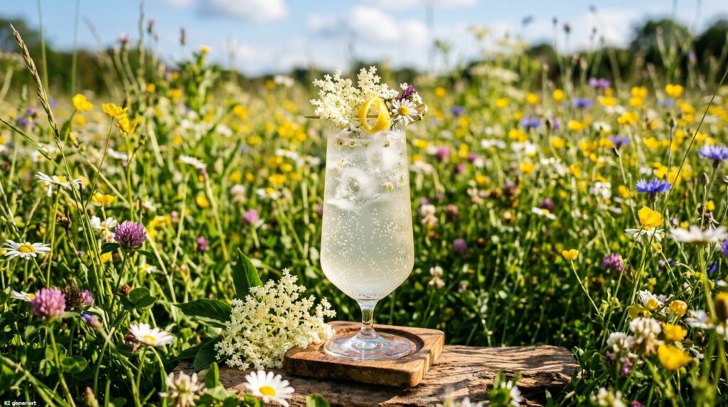 Gin Fizz - der spritzige Klassiker, der einfach immer geht 6 Ein Glas des Elderflower Gin Fizz im Blumenfeld.