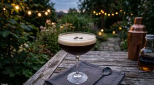 Drinksmeister 1 Ein Glas des Espresso Martini Cocktails.