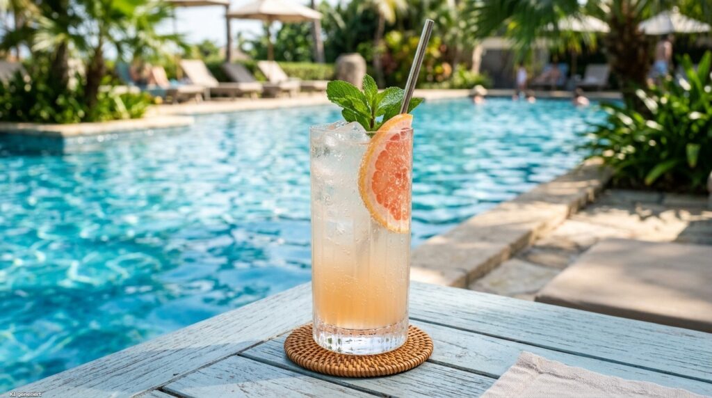 Gin Fizz - der spritzige Klassiker, der einfach immer geht 8 Ein Grapefruit Gin Fizz Cocktail steht am Pool.