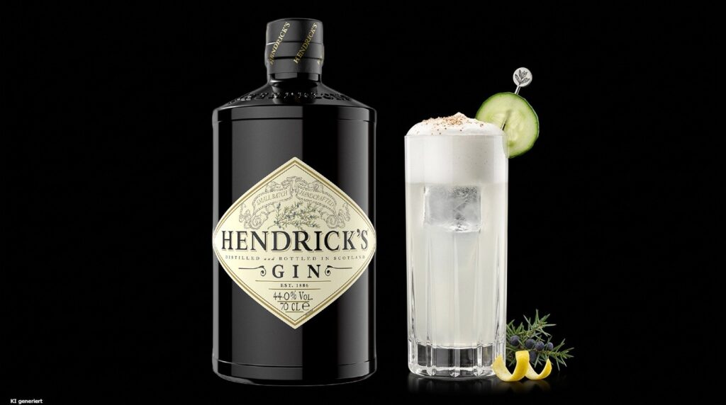 Gin Fizz - der spritzige Klassiker, der einfach immer geht 3 Eine Flasche Hendrick's Gin mit einem Gin Fizz.