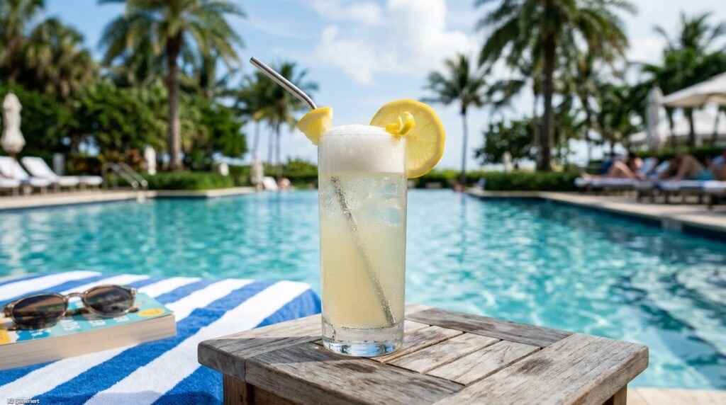 Gin Fizz - der spritzige Klassiker, der einfach immer geht 9 Ein Glas des klassischen Gin Fizz steht am Pool.