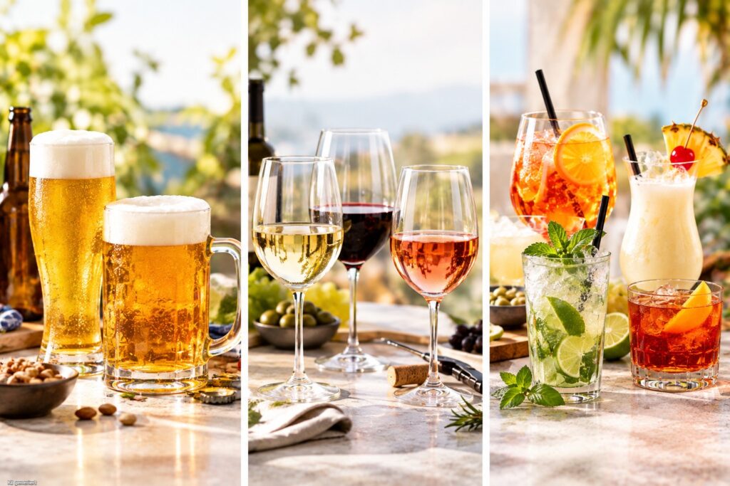 Kalorien in Cocktails 6 Links Bier, in der Mitte Wein und Sekt und Rechts verschiedene Cocktails.