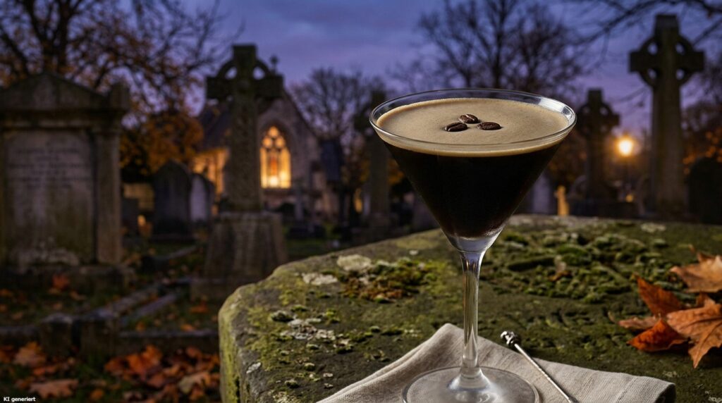 Schwarze Cocktails zu Halloween 6 Ein Black Martini Cocktail steht auf einem Friedhof.