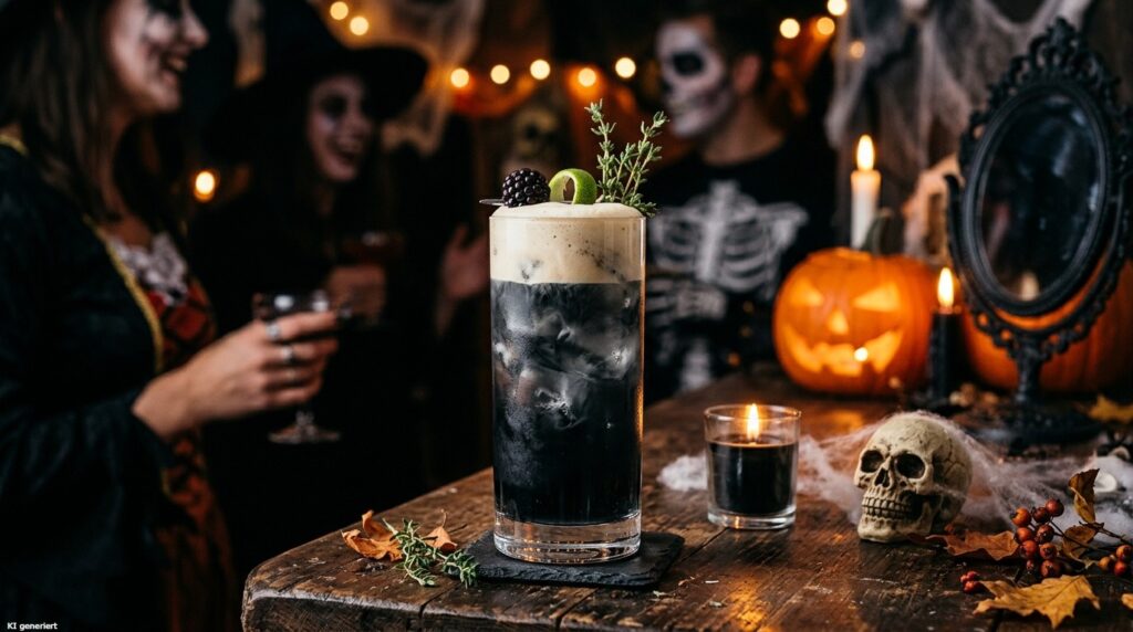 Schwarze Cocktails zu Halloween 7 Der Black Gin Fizz auf einer Halloween Party.