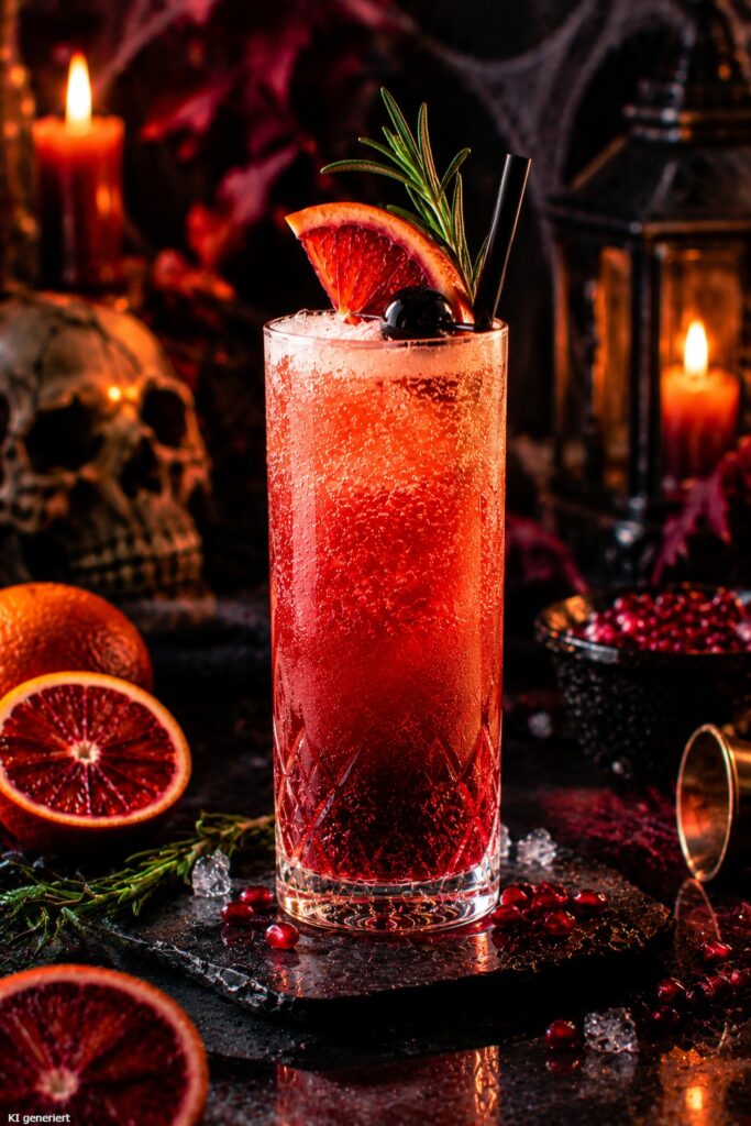 Ein Glas des Blood Moon Fizz Halloween Cocktail.
