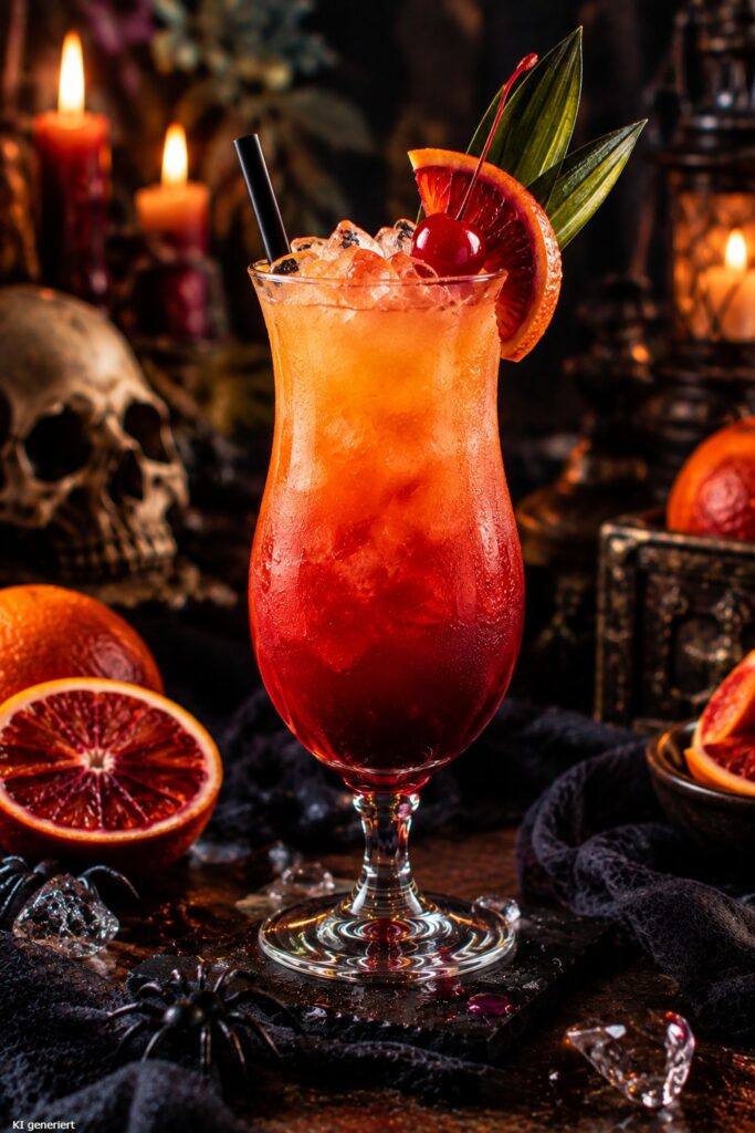 Ein Glas des Blood Orange Zombie Halloween Cocktail.
