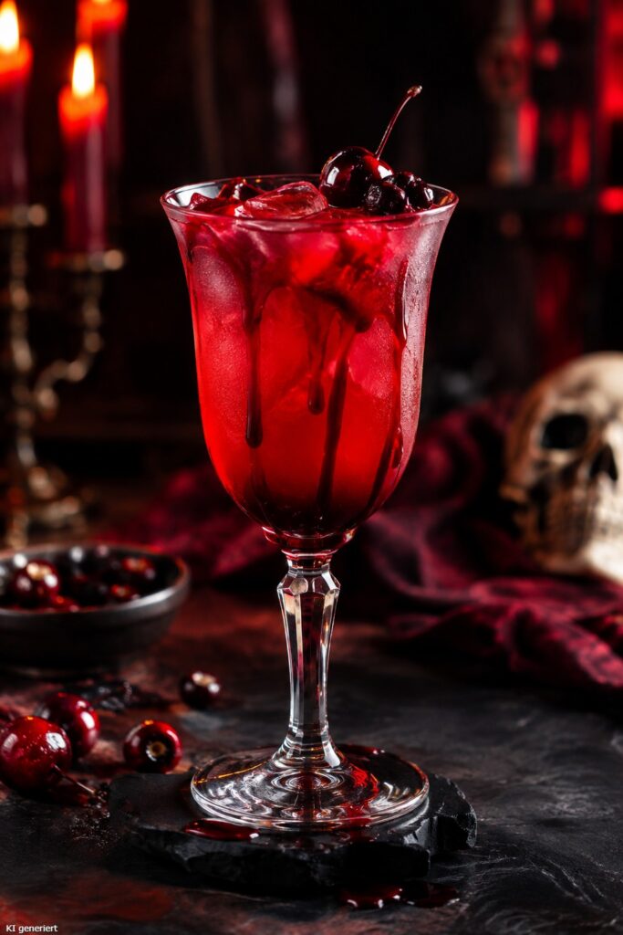 Ein Glas des Bloody Vampire Halloween Cocktails.