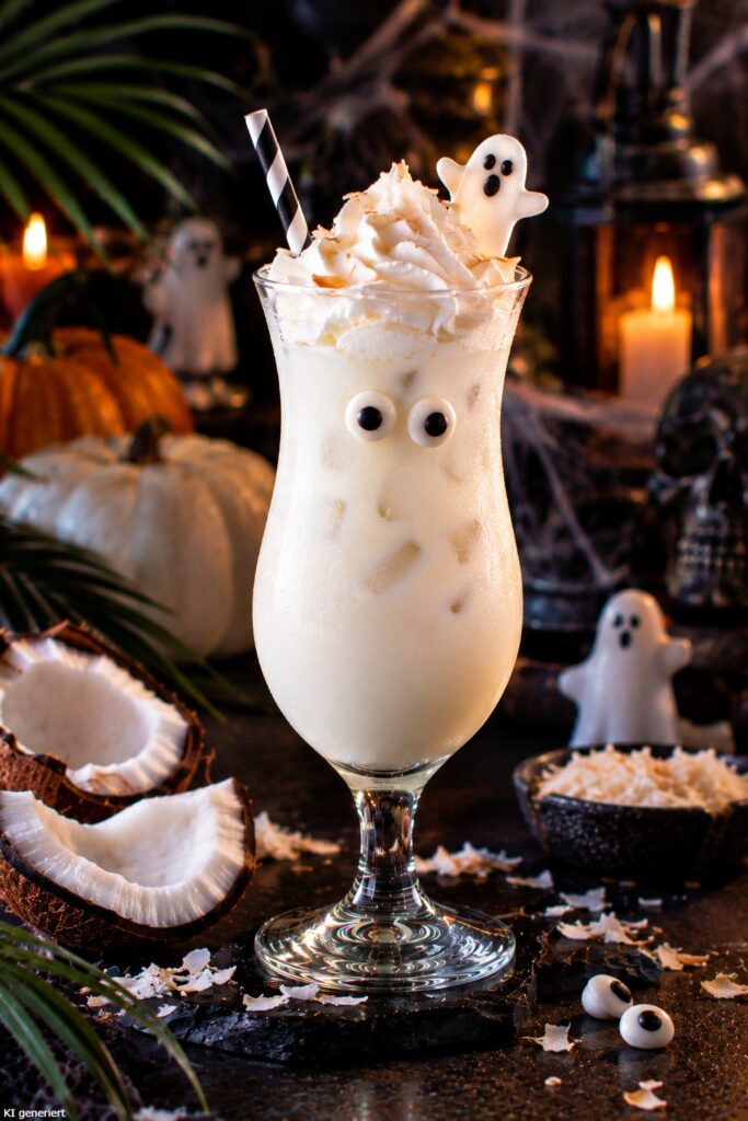 Ein Glas des Ghostly Coconut Halloween Cocktail.