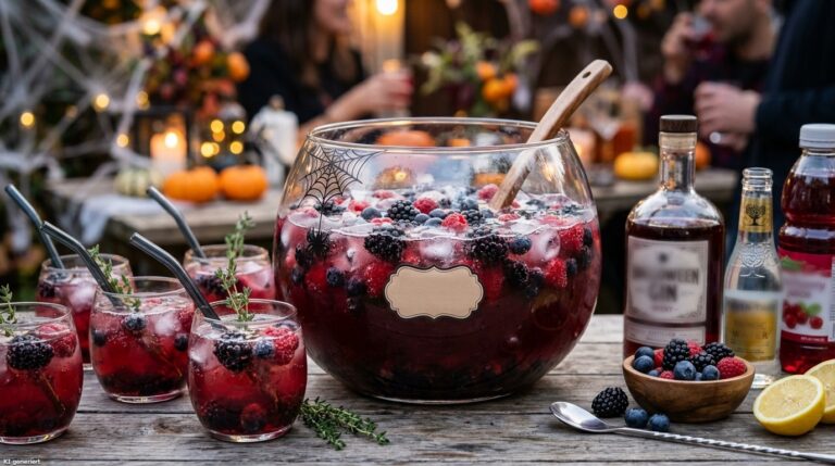 Eine Halloween Bowle mit Gin und Beeren.