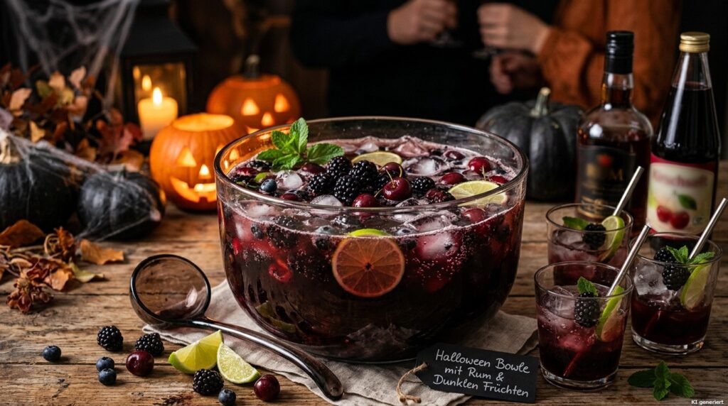 Halloween Bowle für Partys 3 Eine Halloween Bowle mit Rum und dunklen Früchten.