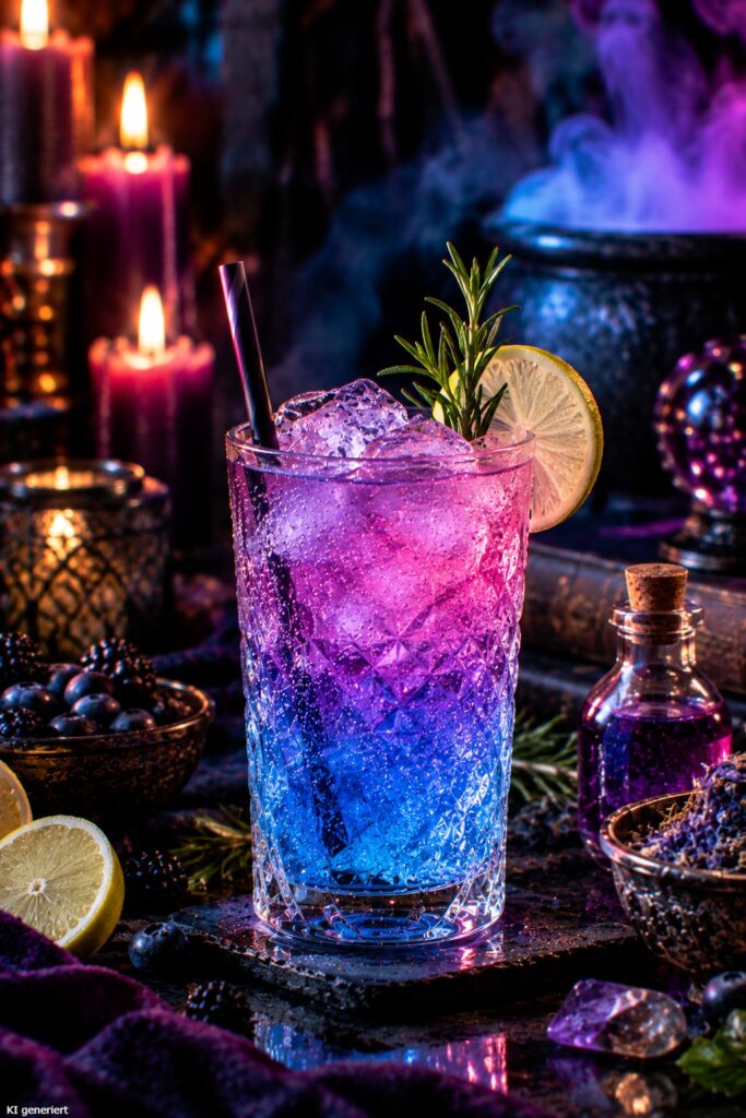 Ein Glas des Magic Purple Halloween Cocktail alkoholfrei.