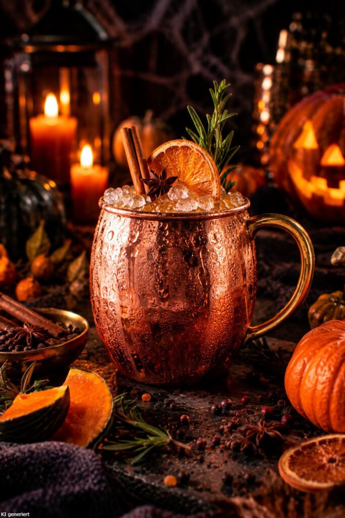 Der Spicy Pumpkin Mule Halloween Cocktail.