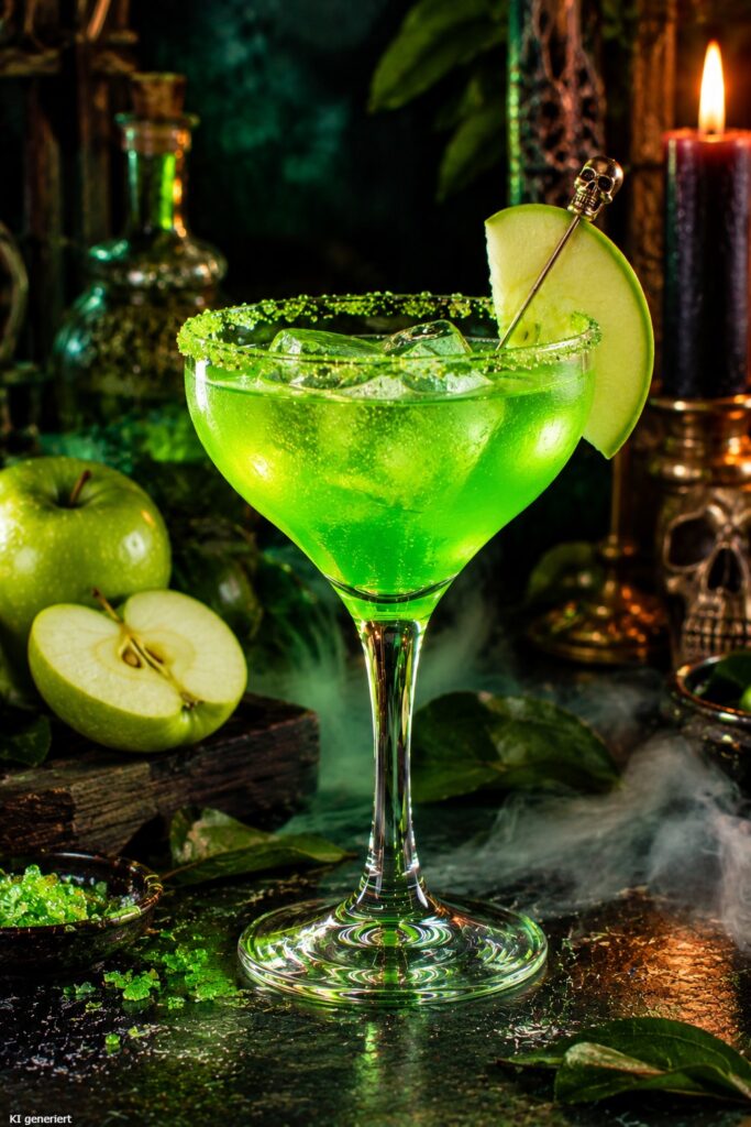 Ein Glas des Toxic Apple Halloween Cocktail.